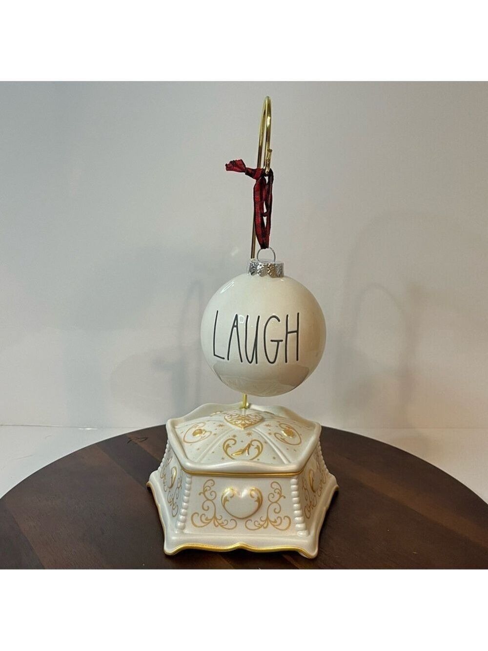 Rae Dunn “LAUGH” Christmas Ornament – White Ceramic with Plaid Ribbon